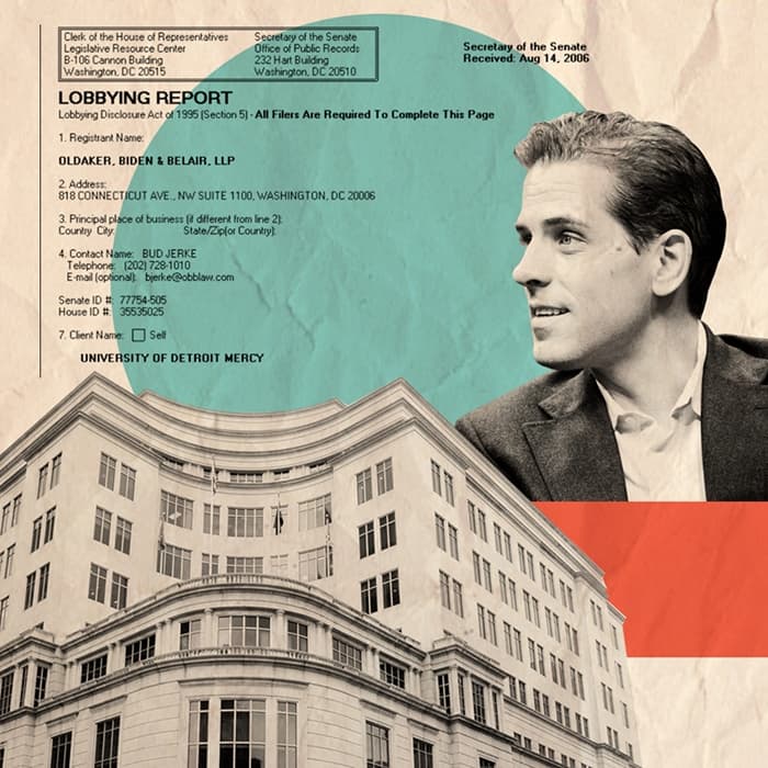 Photo: Political leaflet, Hunter Biden on the right, MBNA headquarters in Wilmington, Delaware, on the left.  Source: screenshot from Politico Magazine